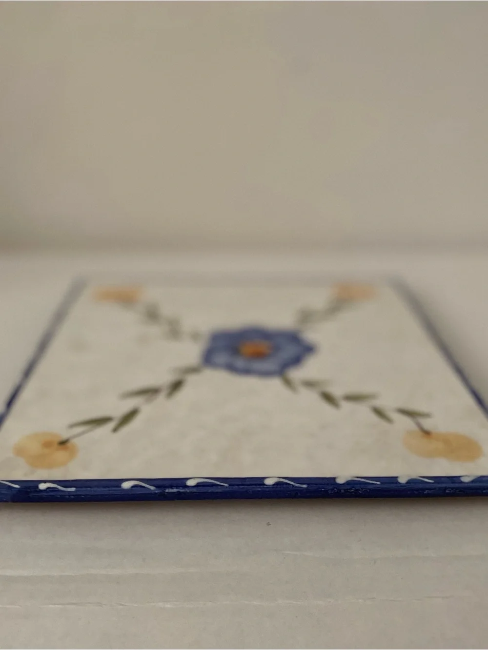 Hand-Painted Blue Floral Tile - Decorative Home Hotplate. Square. Made in Italy.